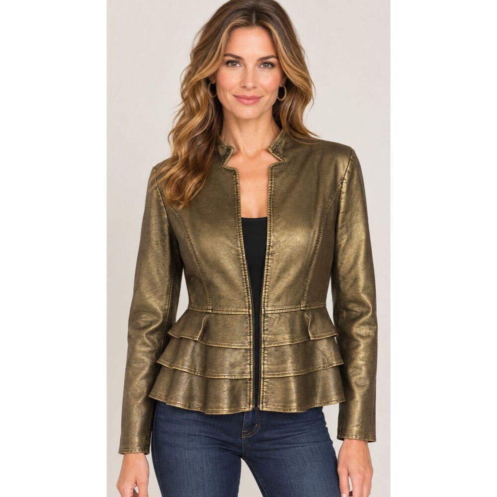 V. Cristina Gold Bronze Faux Leather Moto Crop Jacket Metallic Ruffle Zip Med